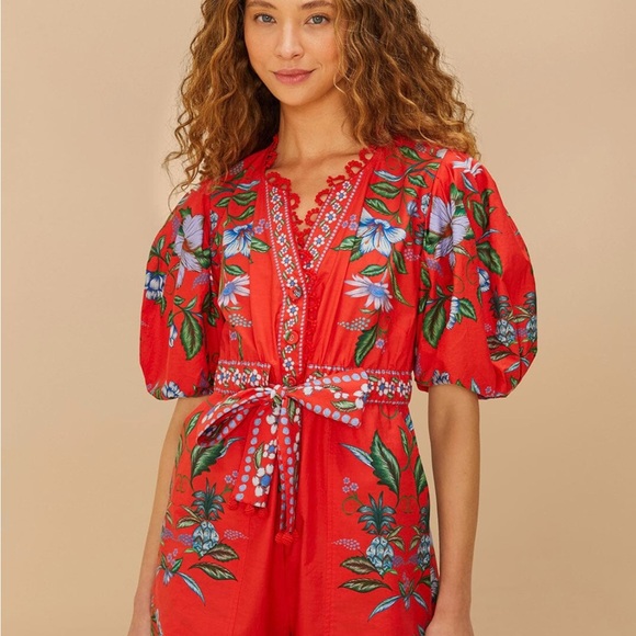 FARM Rio Pants - Farm Rio S NWT Sweet Bloom Bouquet Red Romper